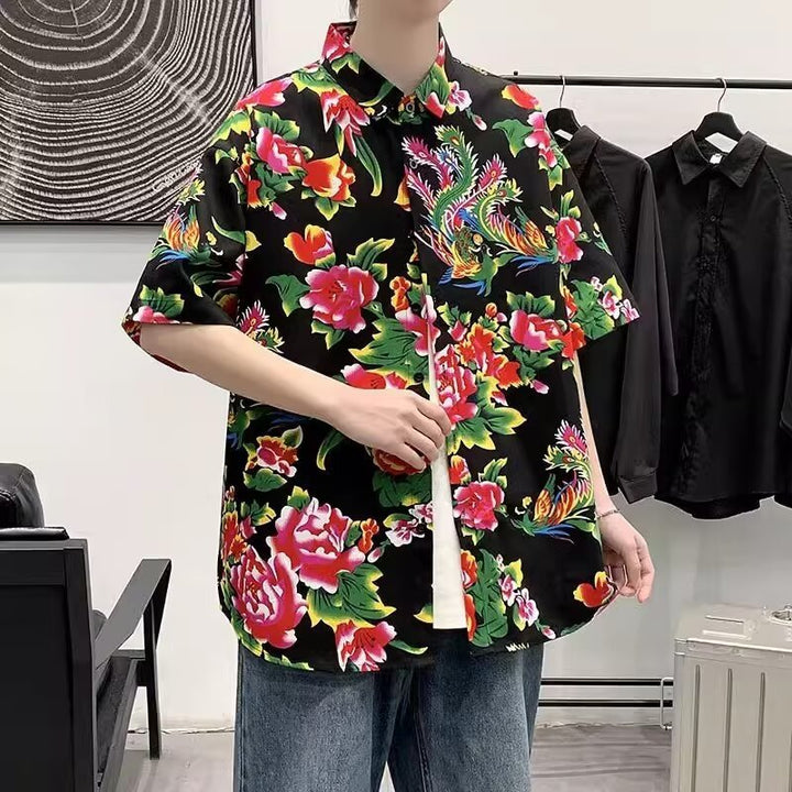 Camisa de manga corta para hombre, tendencia nacional, camisa de flores grandes del noreste, estilo chino, ropa de verano de celebridades de Internet, hermosa camisa de media manga de cinco puntos de pulgadas