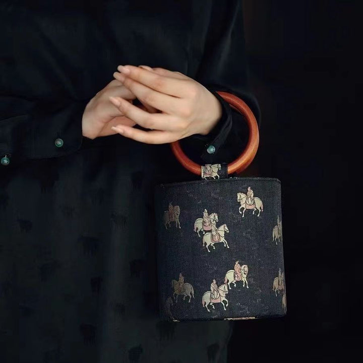 Ethnic Style Wooden Handle Bucket Bag – Tang Dynasty Horse Motif