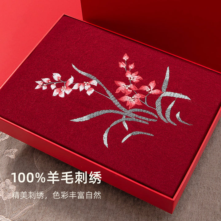 Premium Wine Red 100% Wool Scarf for Women – Chinese-Style Embroidered Winter Wrap