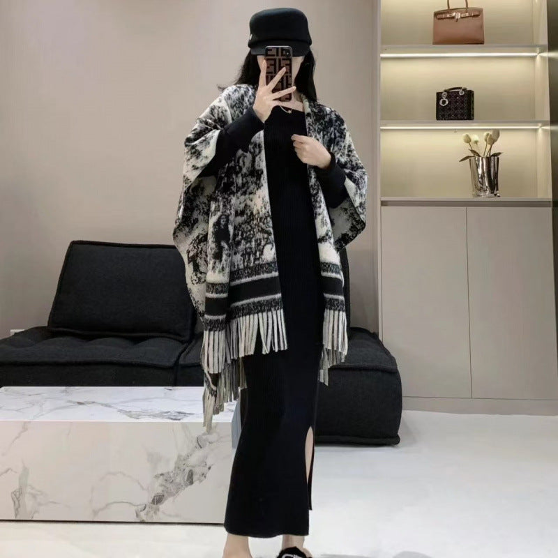 春秋仿羊绒复古水墨画设计感流苏围巾女小众别致休闲百搭披肩