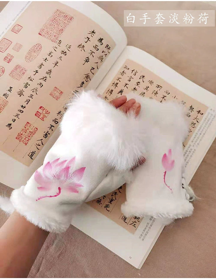 Guantes Qianqian de jade pintados a mano, de piel de conejo, cálidos, de medio dedo, hermosos guantes de invierno de estilo chino para mujer, edición de Navidad y Año Nuevo.