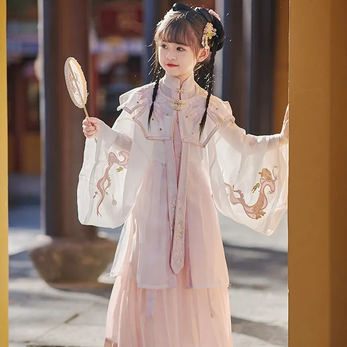 Nueva ropa Hanfu mejorada de primavera y verano para niñas, traje de estilo antiguo de la dinastía Ming, Hanfu de estilo chino para niños, manga larga con hombros descubiertos