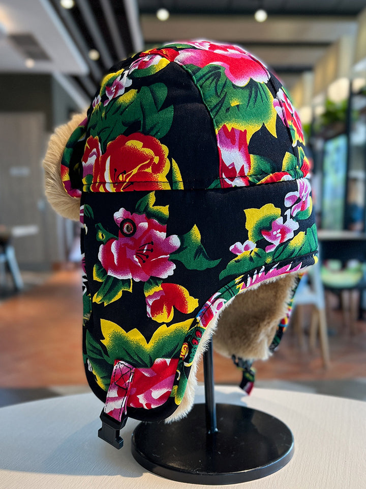 Ethnic Style Red Floral Northeast Lei Feng Hat – Unisex Winter Plush Ear Protection Cotton Hat, Outdoor Cycling Cold-Proof Hat