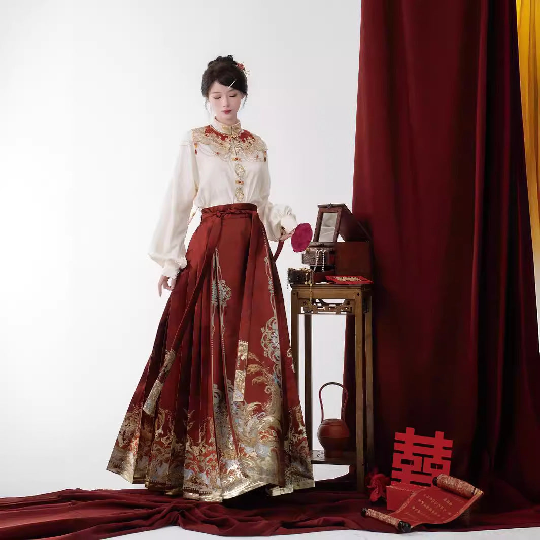 2024 New Chinese Style Fashionable Ma Mian Skirt – Heavywork Hanfu for Daily Wear, Wedding, and Engagement Ceremony with Cloud Shoulder Detail