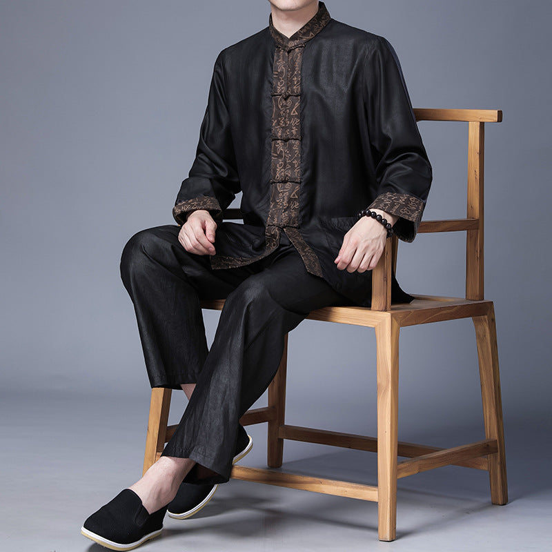 Chaqueta de seda Xiangyun Tang para hombre | Chaqueta tradicional china de manga larga para primavera y otoño | Prendas de abrigo de seda de estilo chino de mediana edad