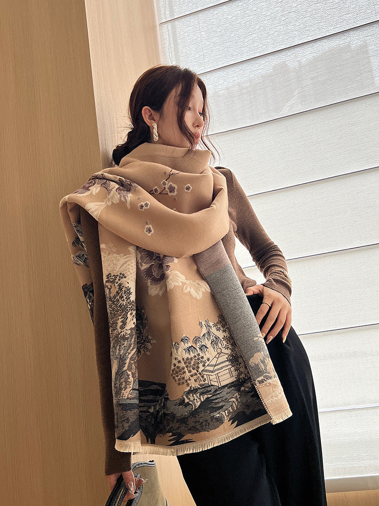Bufanda de cachemira sintética gruesa y versátil de estilo chino para mujer, ideal para otoño e invierno, ideal para habitaciones con aire acondicionado, protección para el cuello y abrigo de doble uso.