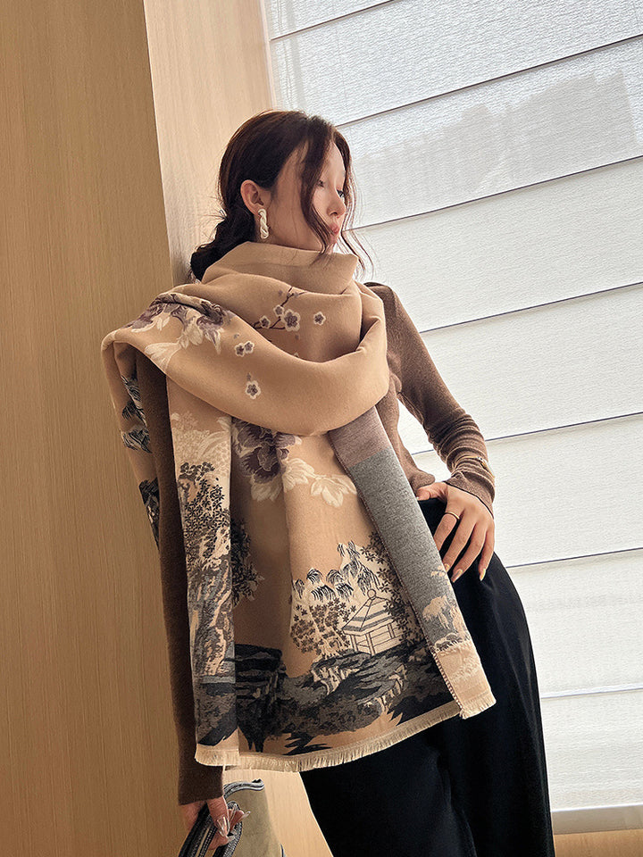 Bufanda de cachemira sintética gruesa y versátil de estilo chino para mujer, ideal para otoño e invierno, ideal para habitaciones con aire acondicionado, protección para el cuello y abrigo de doble uso.