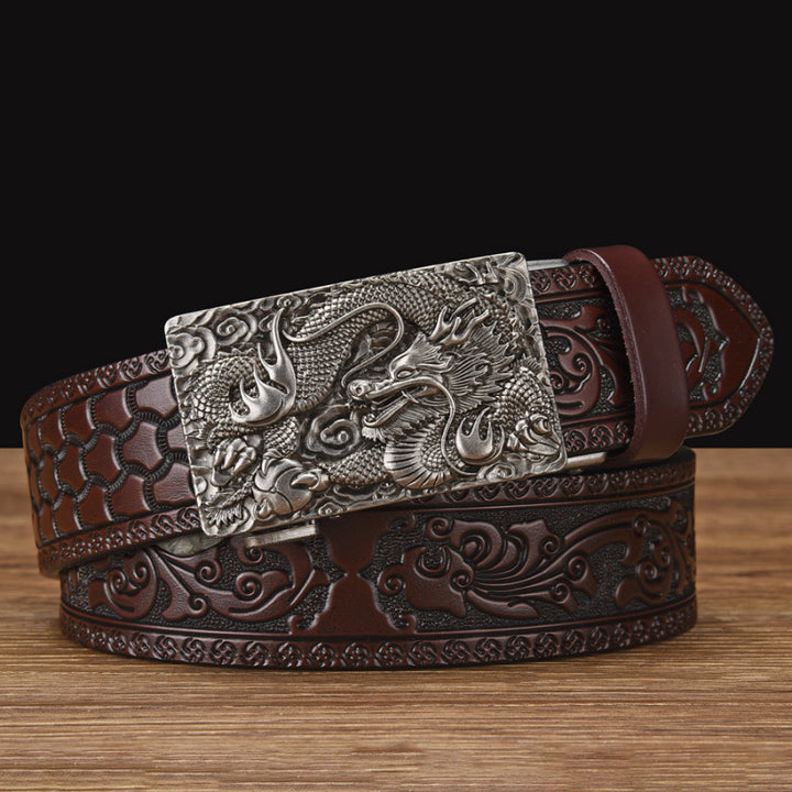 Cinturón de piel auténtica con cabeza de dragón: hebilla automática con diseño retro tallado, cinturón informal para vaqueros para hombres jóvenes.