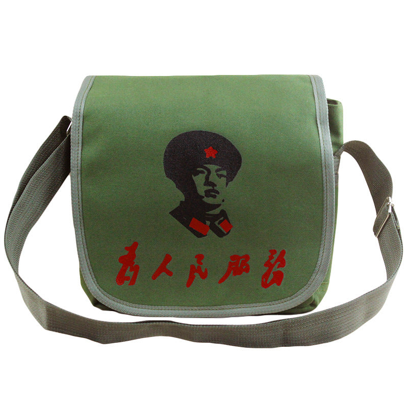 Vintage Mao Zedong "Serve the People" Red Army Bag, Lei Feng Canvas Five-Pointed Star Crossbody Bag, Red Star Shoulder Bag, Green Retro Style