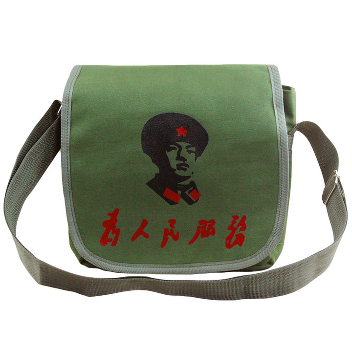 Vintage Mao Zedong "Serve the People" Red Army Bag, Lei Feng Canvas Five-Pointed Star Crossbody Bag, Red Star Shoulder Bag, Green Retro Style
