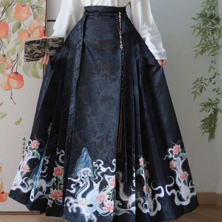 Nuevo Hanfu oriental original de la dinastía Ming: "Zorro Lunar y Loto Floreciente" con mangas planas y falda Ma Mian para mujer, uso diario.