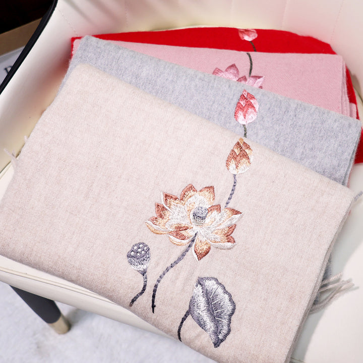 Multiple Styles of National Trend Embroidered Merino Wool Scarves for Women – Red Dragon Year Gift, Autumn and Winter Warmth, Neck Wrap for Mom