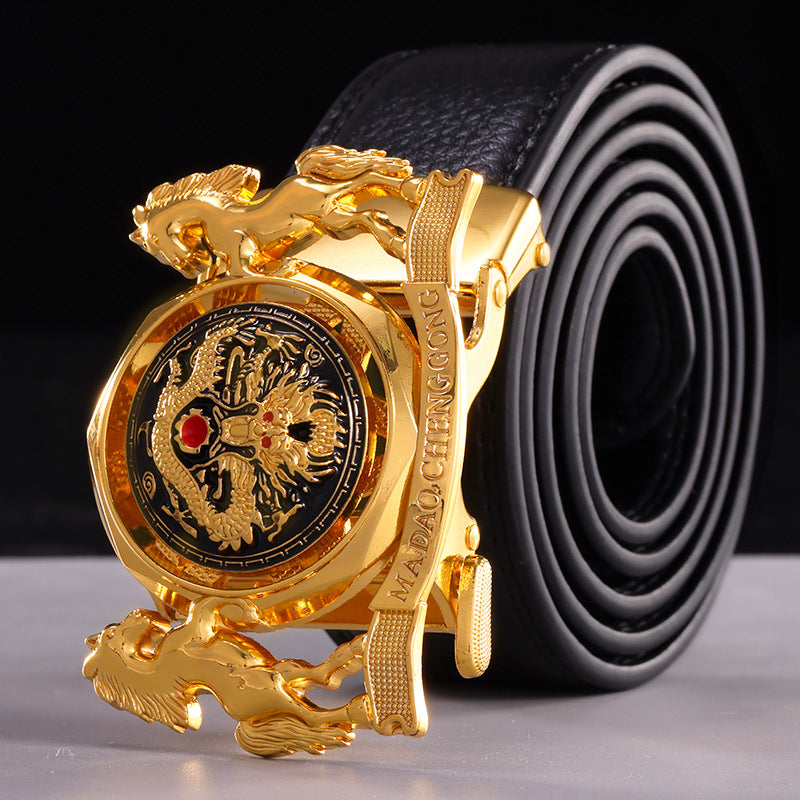 Fortune-Enhancing Leather Belt for Men – Genuine Leather Automatic Buckle Belt with Zodiac Dragon & Horse Rotating Design