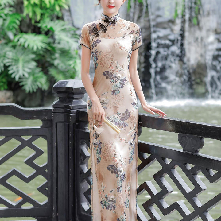 Vestido cheongsam largo de verano 2025, doble capa, talla grande, retro, mejorado, ajustado, para uso diario.