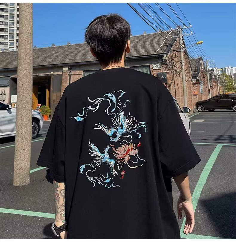 国潮中国风衣服白色纯棉短袖T恤男士宽松大码凤凰潮牌重磅半袖夏