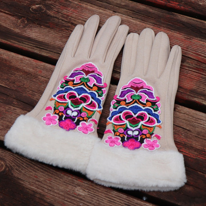 Guantes de dedos completos para mujer: diseño floral bordado étnico de Yunnan con ribete de piel sintética