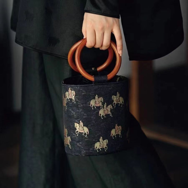 Ethnic Style Wooden Handle Bucket Bag – Tang Dynasty Horse Motif