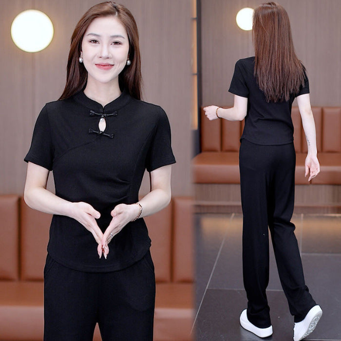 2024 Summer New Chinese Style Casual Sportswear Set for Women – Fashionable National Wind Buttoned Top and Wide-Leg Pants Two-Piece Set