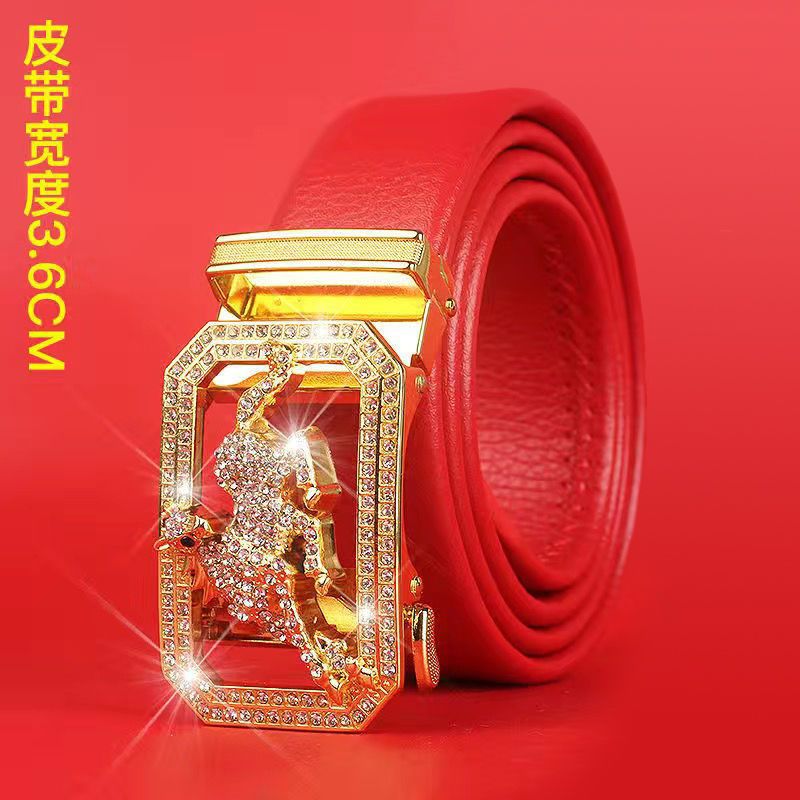 Cinturón del Zodiaco para Hombre: Piel Genuina, Hebilla Automática, Cinturón Rojo para el Año del Zodiaco, Ropa de Negocios e Informal, Regalo de Boda Perfecto