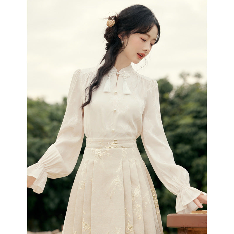 Modern Chinese-Style Autumn Outfit | Women's Blouse & Horse-Face Skirt Set | Daily Wear Hanfu-Inspired Two-Piece