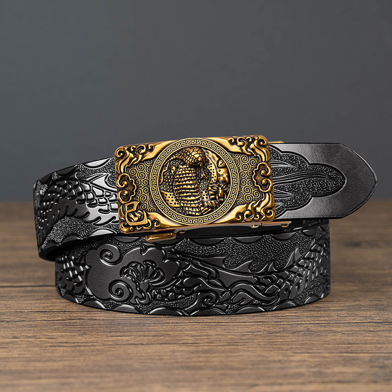Nueva oferta: Cinturón con hebilla automática del zodiaco y grabado de dragón, de piel de vacuno de doble capa, moderno, informal y con un diseño atrevido.