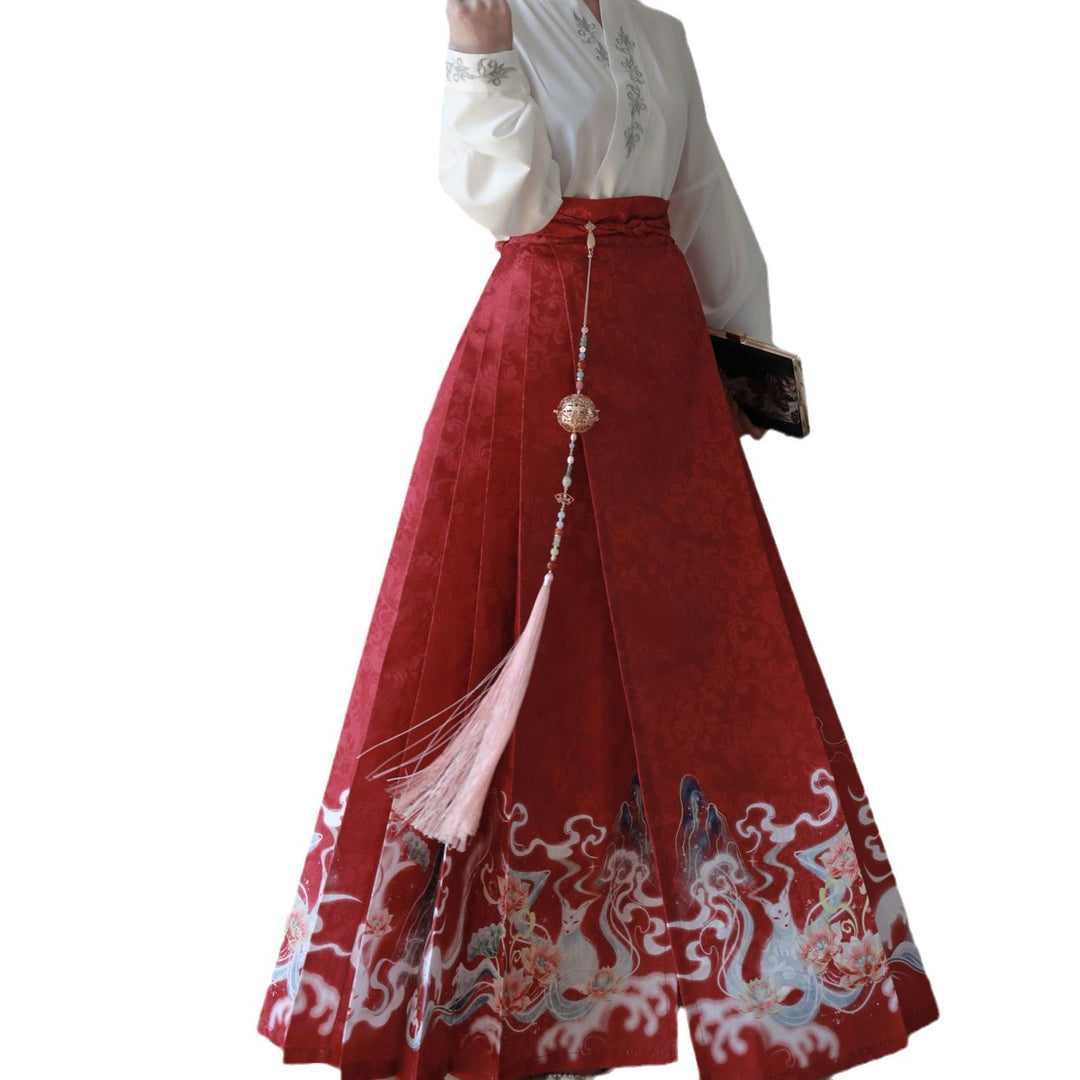 Nuevo Hanfu oriental original de la dinastía Ming: "Zorro Lunar y Loto Floreciente" con mangas planas y falda Ma Mian para mujer, uso diario.