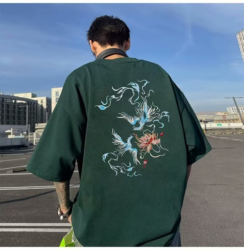 国潮中国风衣服白色纯棉短袖T恤男士宽松大码凤凰潮牌重磅半袖夏