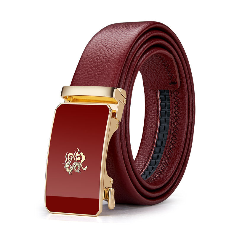 Cinturón de cuero para hombre Paul – Año del Dragón, hebilla automática del zodiaco, cuero genuino, color rojo, nuevo estilo 2024, regalo de boda, venta al por mayor