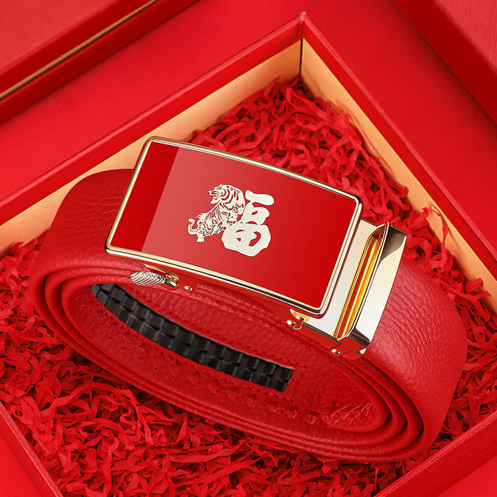 Cinturón de hombre del Emperador Pablo: Cinturón de piel de vacuno de primera calidad, rojo de la suerte para el Año Nuevo Chino, cinturón que atrae la riqueza.