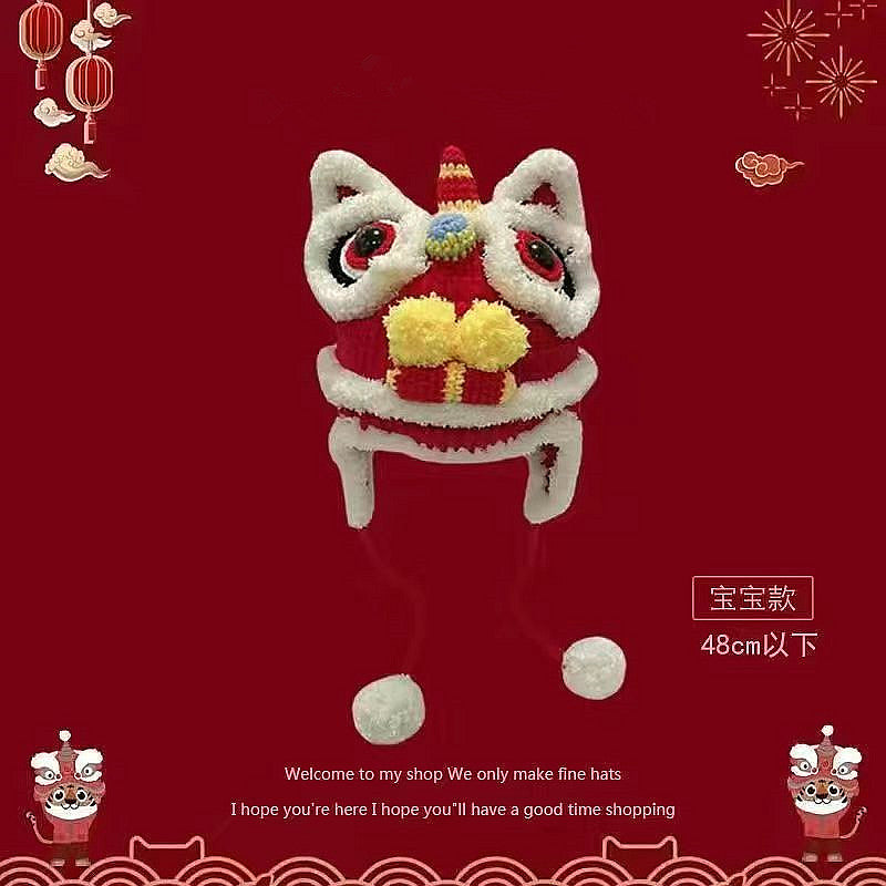 Gorro de cabeza de tigre para padres e hijos, tejido a mano, estilo chino. Tendencia nacional. Bonito gorro de punto cálido para la danza del león en invierno. Gorro del despertar del león.