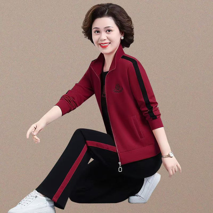 Spring & Autumn Sportswear Set for Moms – New Loose-Fitting Stylish Women's Stand Collar Sweatshirt, Casual Running Three-Piece Set