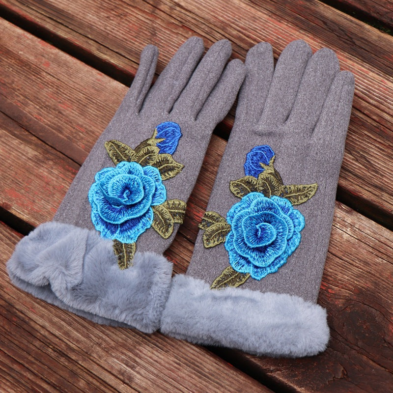 Guantes de dedos completos para mujer: diseño floral bordado étnico de Yunnan con ribete de piel sintética