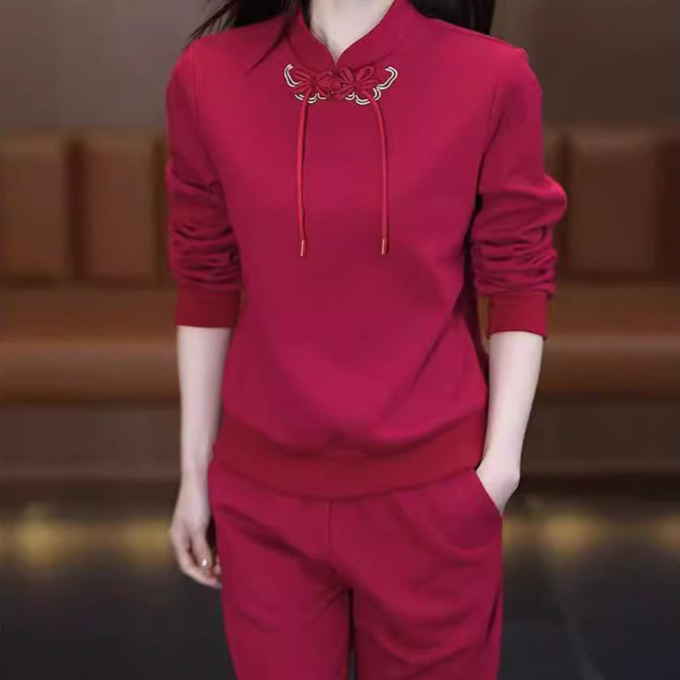 Conjunto deportivo informal de estilo oriental para mujer: primavera y otoño. Conjunto de dos piezas con capucha anudada y pantalón con dobladillo, juvenil y antiedad, de estilo chino.