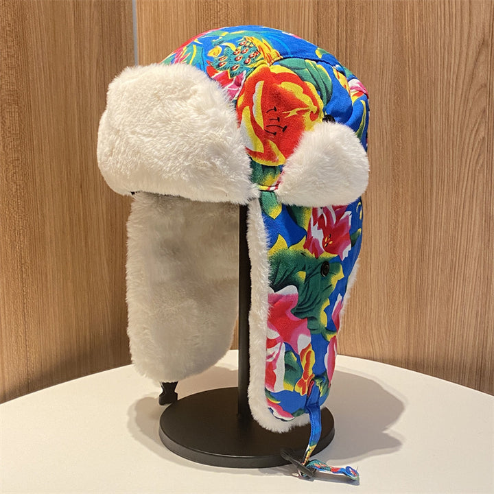 Gorro Lei Feng de invierno para mujer: cálido y protector auditivo, gorro de algodón con estampado floral del noreste para hombre, gorro de cola de estilo étnico retro.