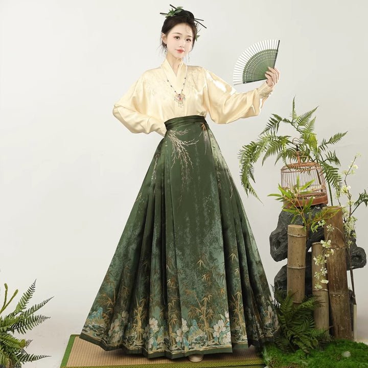 Conjunto original de falda con cara de caballo al estilo chino | Hanfu bordado "Sombras de Bambú" con cuello cruzado y mangas de avión