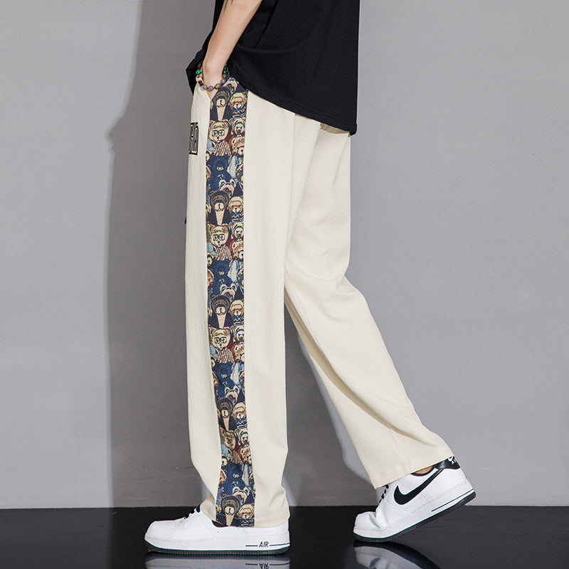 Pantalones casuales de seda de hielo de verano para hombre: finos, holgados, de pierna recta y con parches bordados, pantalones largos versátiles para parejas.