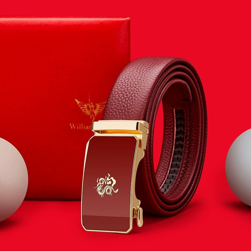 Cinturón de cuero para hombre Paul – Año del Dragón, hebilla automática del zodiaco, cuero genuino, color rojo, nuevo estilo 2024, regalo de boda, venta al por mayor