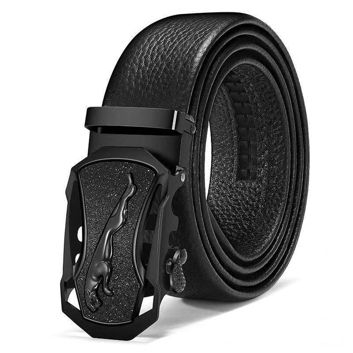 Cinturón de cuero informal de negocios para hombre: hebilla automática con diseño texturizado de grano de lichi.
