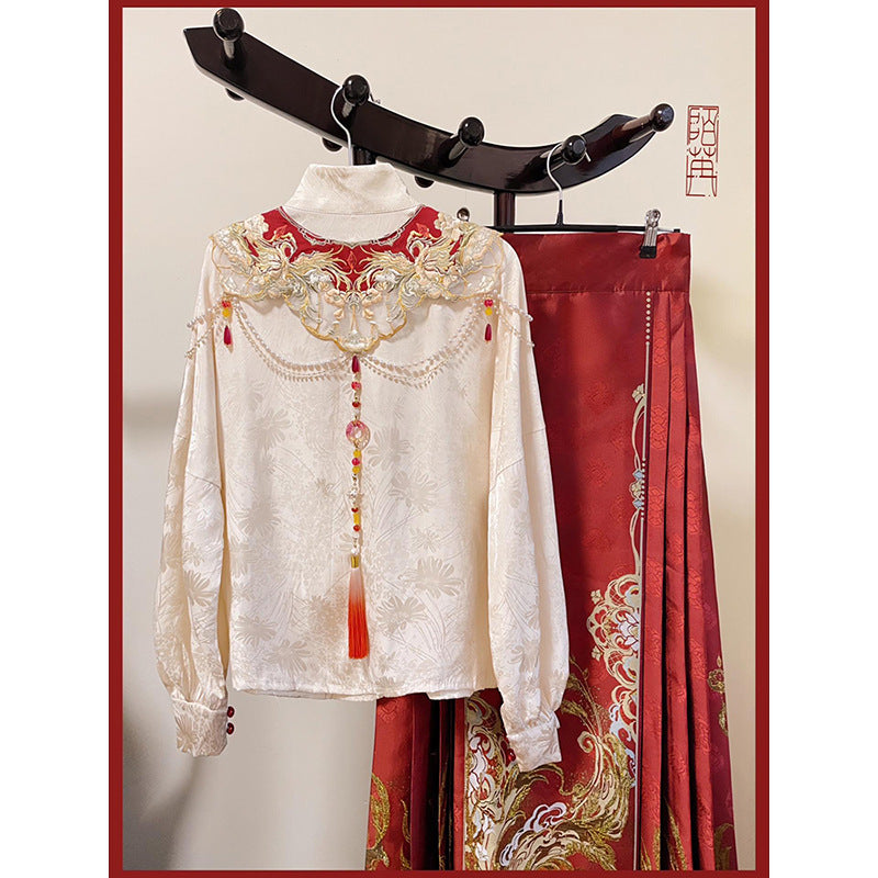 Traje de boda Hanfu chino | Conjunto de top bordado + falda Ma Mian + hombros Yun