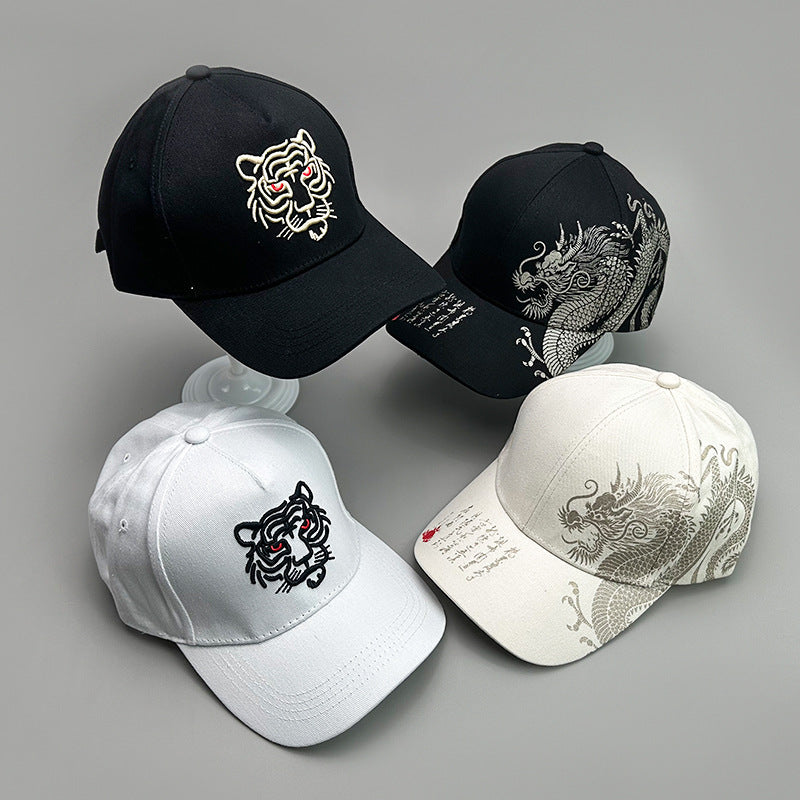 Gorra de béisbol tradicional de danza callejera hip-hop con dragón y tigre de tendencia nacional: gorra deportiva unisex transpirable con protección solar y ala plana ajustable.