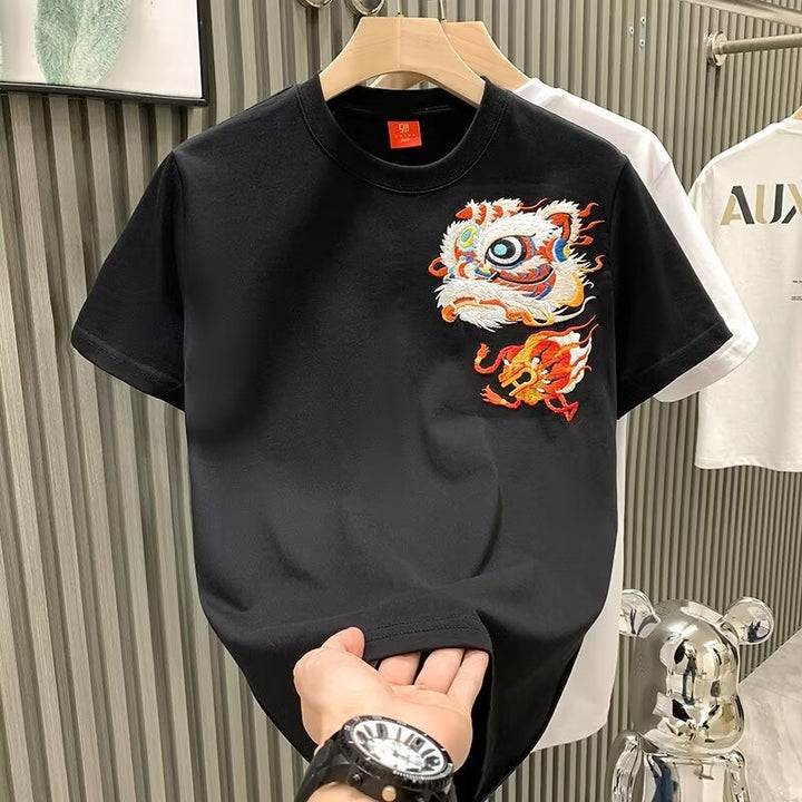 Camiseta de manga corta con bordado de león para hombre en verano, camiseta de hombros rectos de peso pesado, tops sueltos de estilo chino de moda, comercio exterior