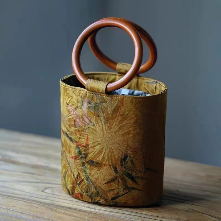 Ethnic Style Wooden Handle Bucket Bag – Tang Dynasty Horse Motif