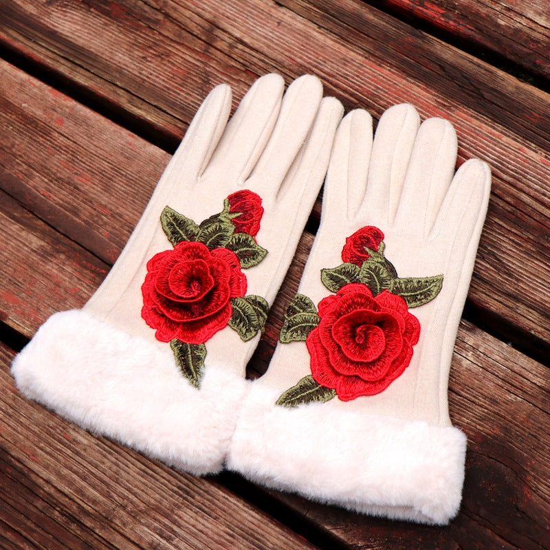 Guantes de dedos completos para mujer: diseño floral bordado étnico de Yunnan con ribete de piel sintética