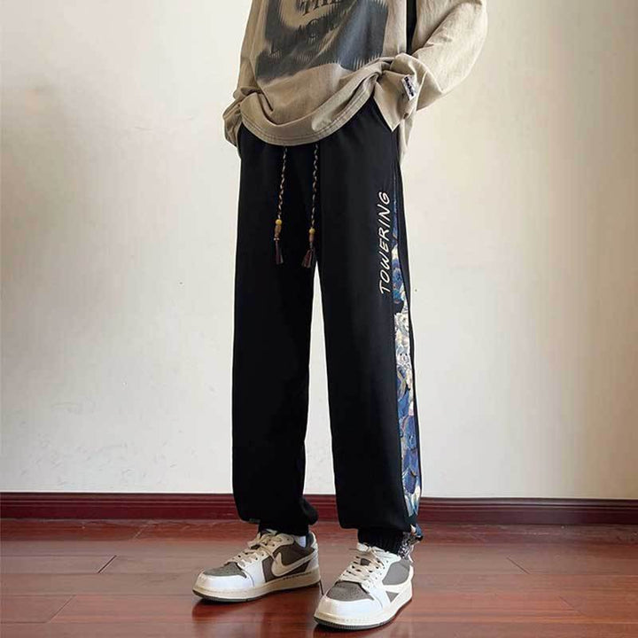 Pantalones casuales bordados de tendencia china para hombre | Edición primavera/otoño | Pantalones deportivos holgados con dobladillo | Pantalones deportivos modernos y versátiles