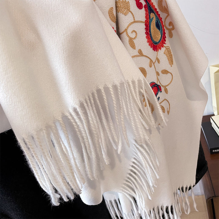 Bufanda cálida de cachemira sintética para mujer, estilo étnico, bordada con flores de cintura y enredadera, para otoño/invierno. Chal de viaje.