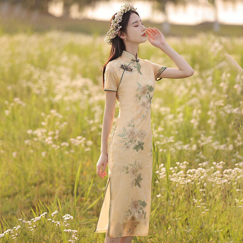 2025 New Summer Improved Cheongsam Women's Retro Chinese Style Medium-length Printed Short-sleeved Ladies Dress