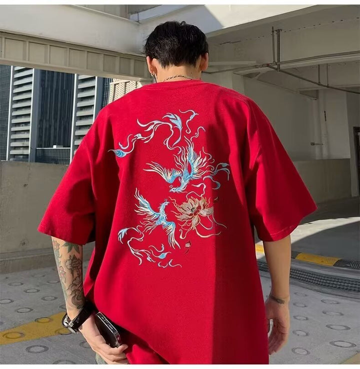 国潮中国风衣服白色纯棉短袖T恤男士宽松大码凤凰潮牌重磅半袖夏