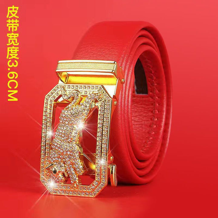Cinturón del Zodiaco para Hombre: Piel Genuina, Hebilla Automática, Cinturón Rojo para el Año del Zodiaco, Ropa de Negocios e Informal, Regalo de Boda Perfecto