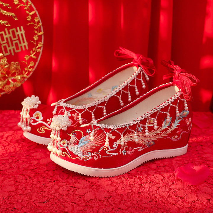 2024 Spring New Beaded Xiuhe Wedding Shoes – Tassel Embroidered Ancient Style Hanfu Bridal Shoes