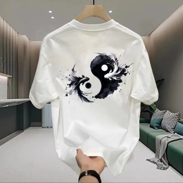 2024 Summer Chinese Tai Chi Fish Men's High-end Cotton Short-sleeved T-shirt American Style Handsome Youth Loose Casual T-shirt